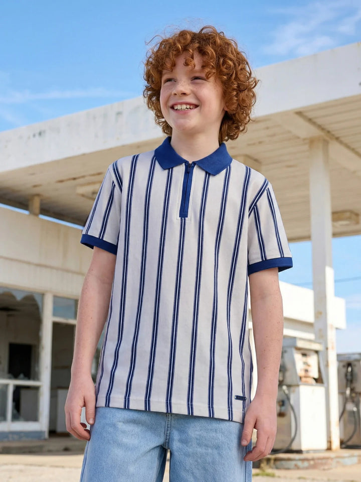 White Striped Regular Fit Pure Cotton Polo T-Shirt