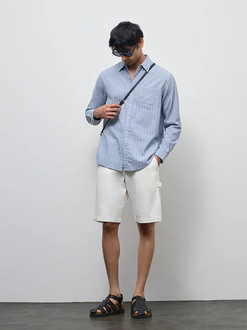 Casuals Dusty Blue Striped Relaxed-Fit Cotton Shirt