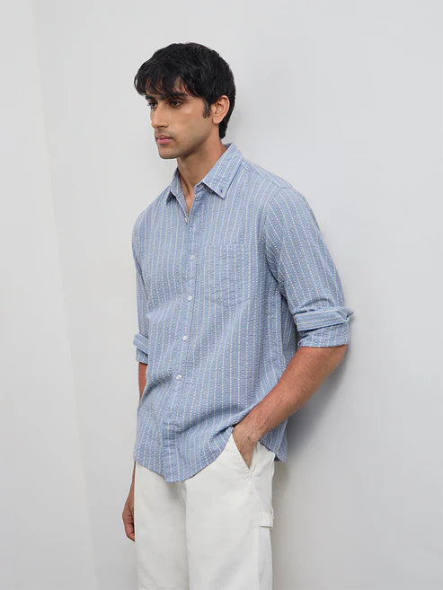 Casuals Dusty Blue Striped Relaxed-Fit Cotton Shirt