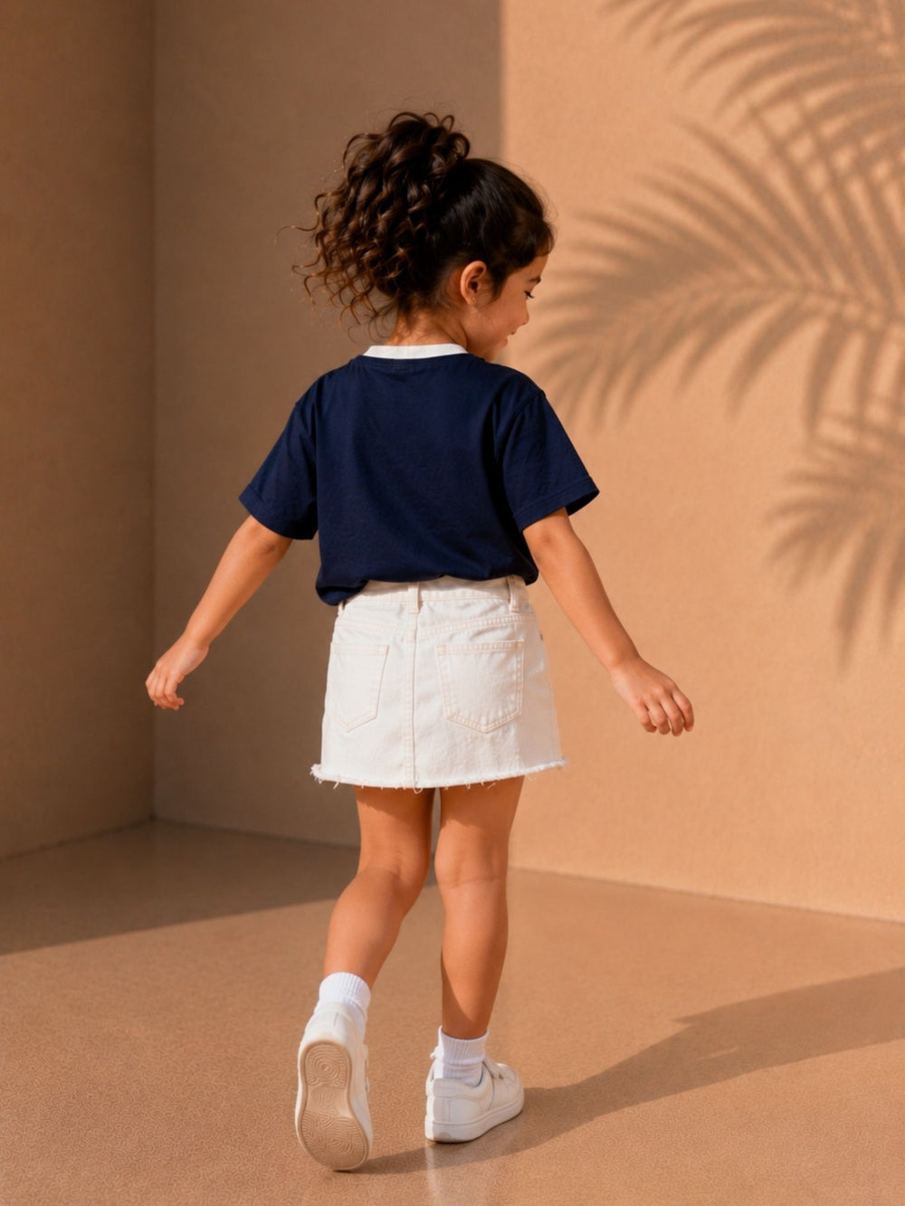 Girls's navy blue & white oversized boxy t-shirt, view 2 | FLCN
