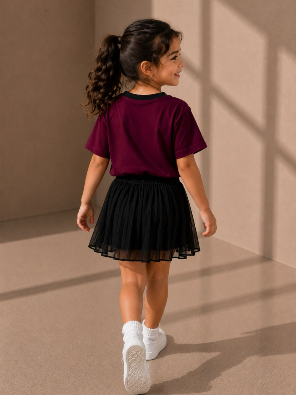 Girls's maroon & black oversized boxy t-shirt, view 2 | FLCN