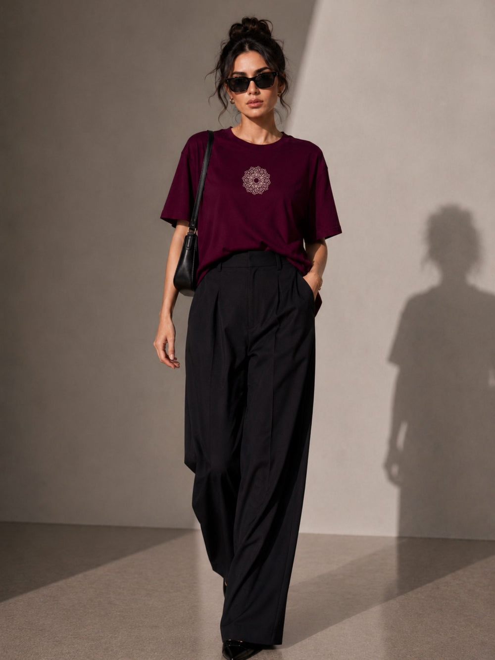 Women's maroon oversized boxy t-shirt with Mandala print, view 2 | FLCN