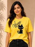 Women Oversized T-Shirt – Wow Cat – Yellow