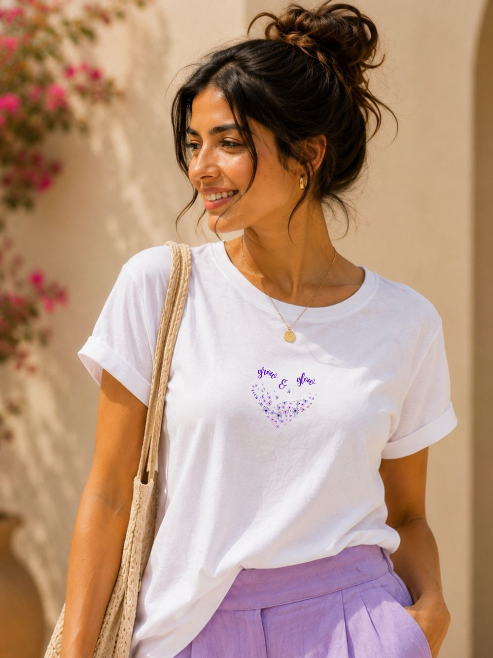 Women's white oversized boxy t-shirt with Grow and Glow print, view 2 | FLCN