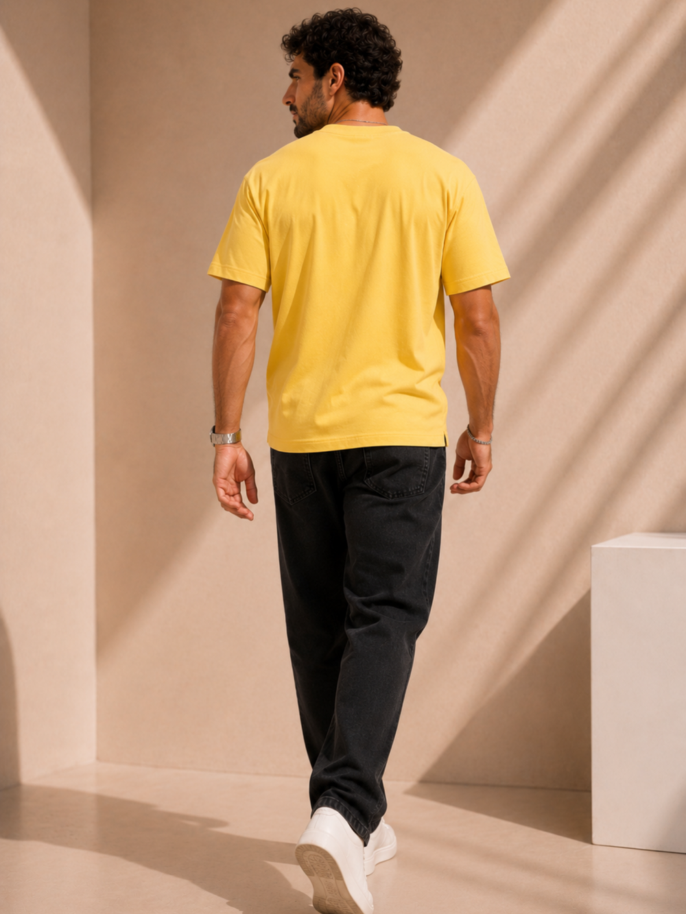 Men's yellow oversized boxy t-shirt with Anti Normal print, view 2 | FLCN