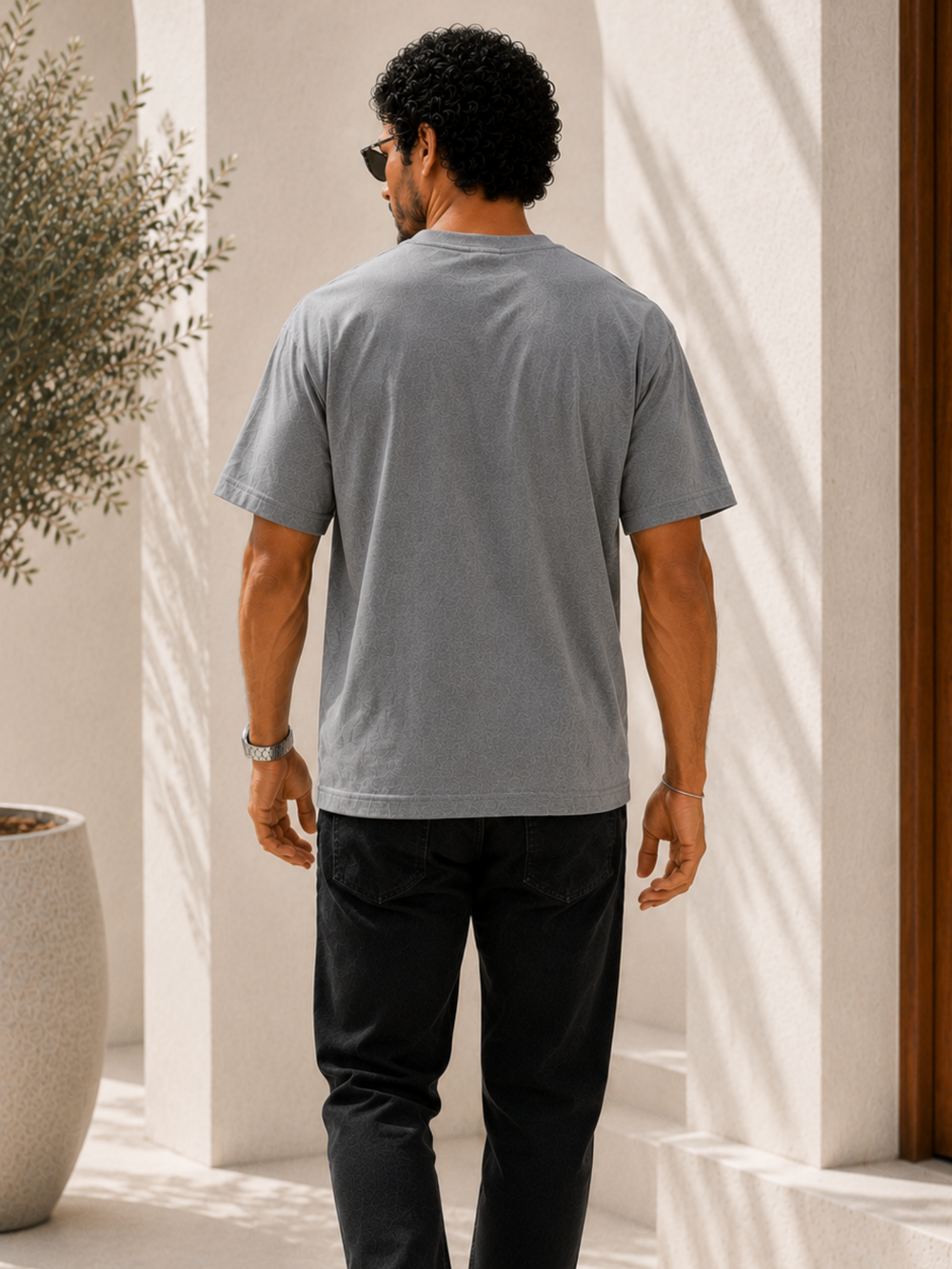 Men's gray oversized boxy t-shirt with Enthu Human print, view 2 | FLCN