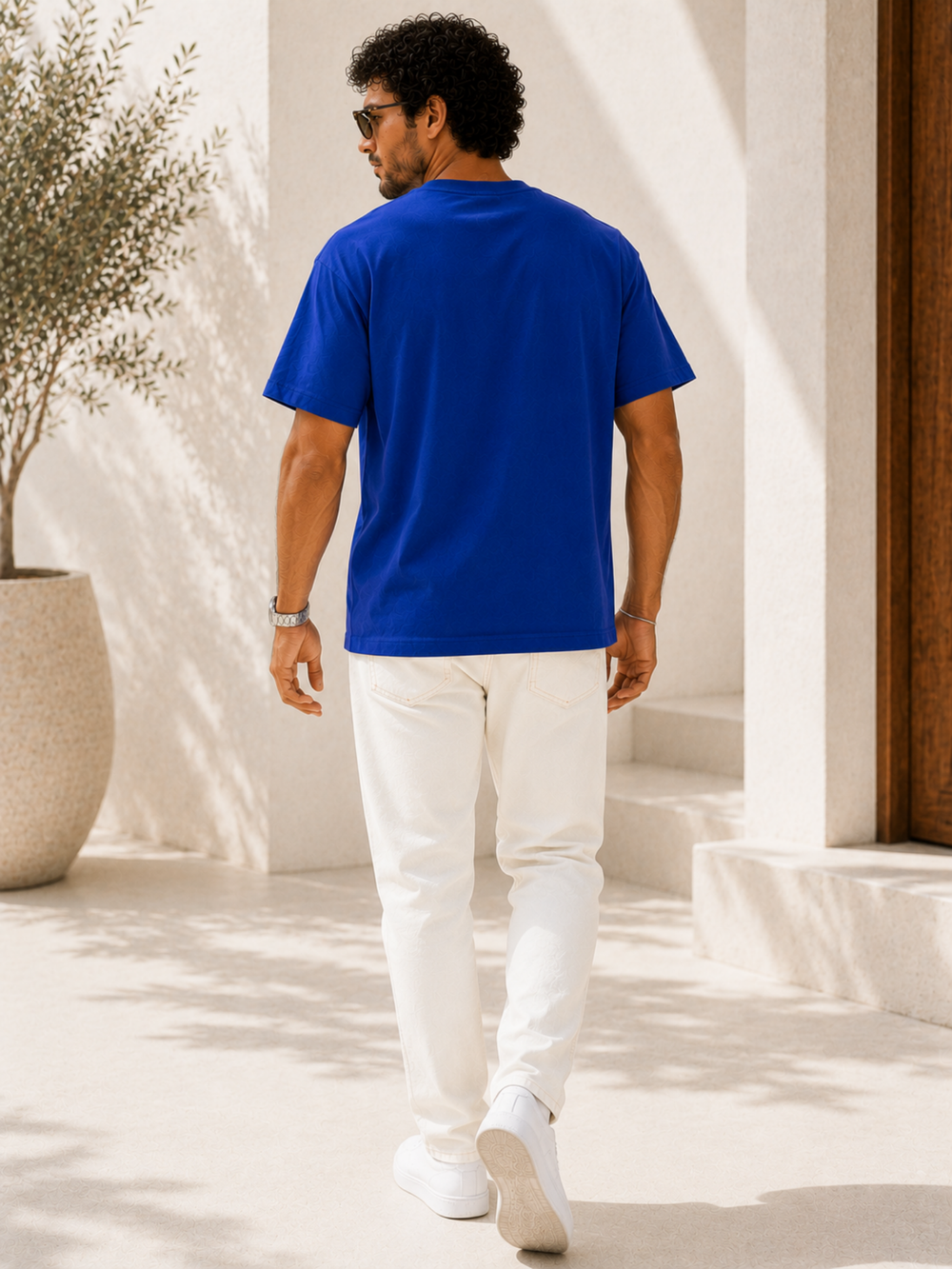 Men's royal blue oversized boxy t-shirt with Rise Shine print, view 2 | FLCN