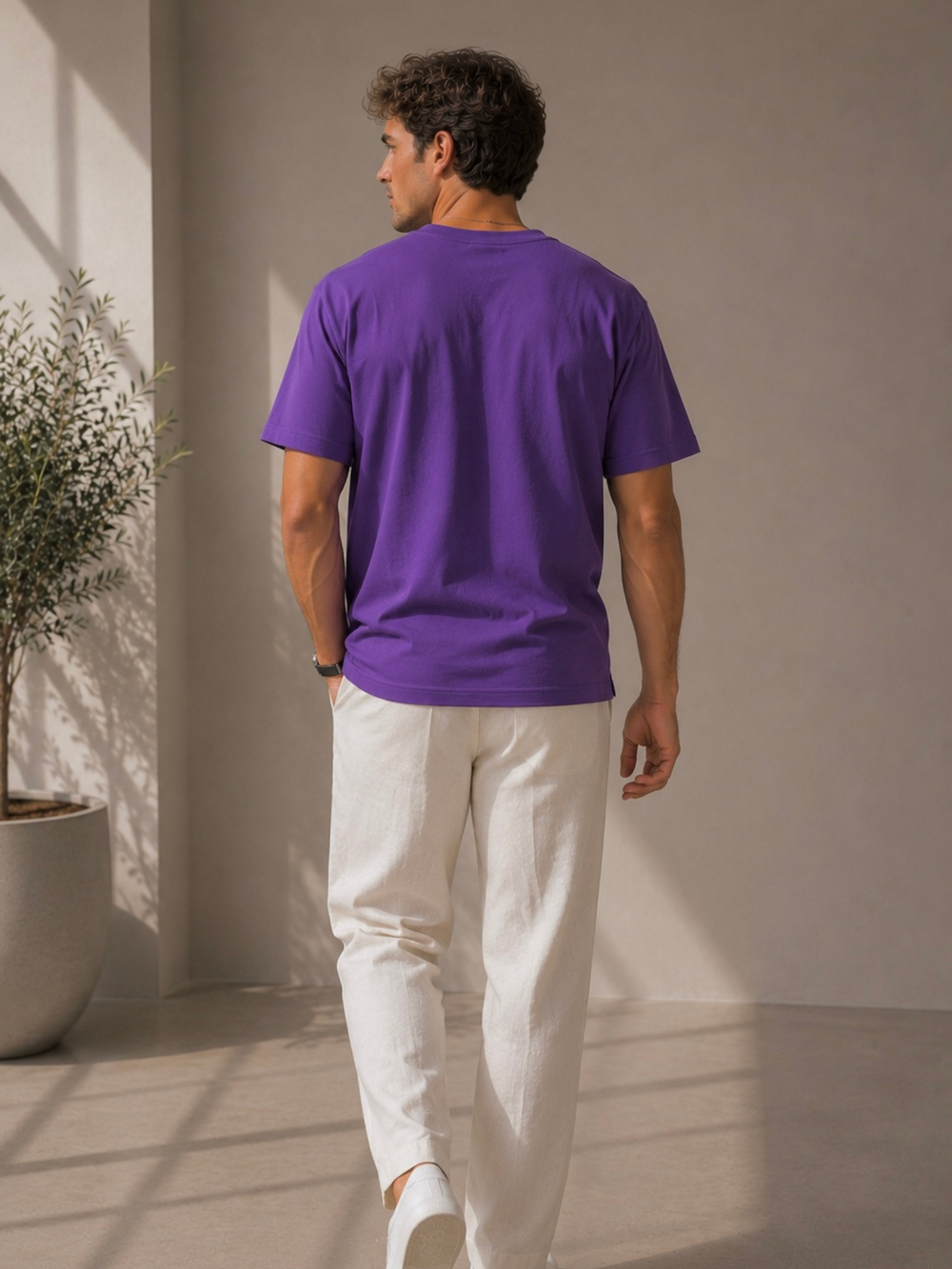 Men's purple oversized boxy t-shirt with Beginning print, view 2 | FLCN