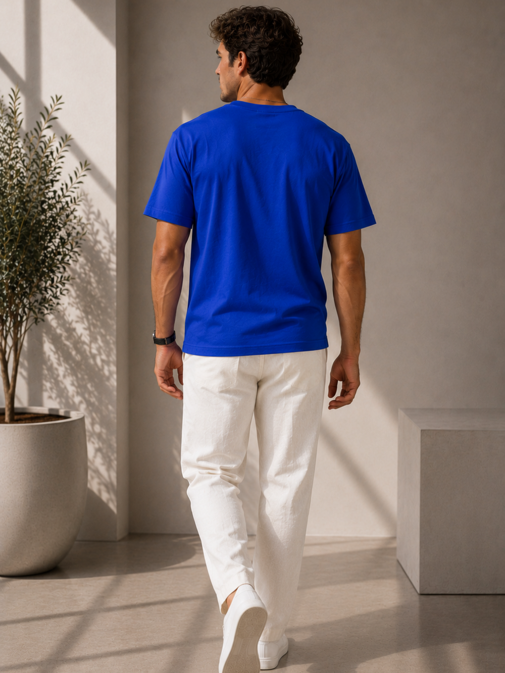 Men's royal blue oversized boxy t-shirt with Beginning print, view 2 | FLCN