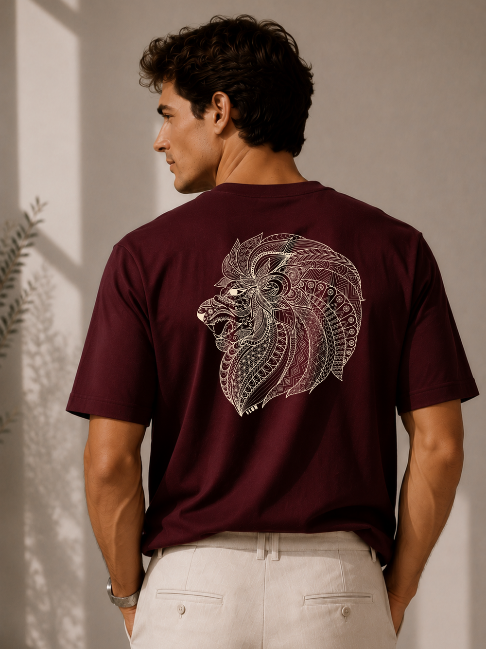 Men's maroon oversized boxy t-shirt with Alpha print, view 2 | FLCN