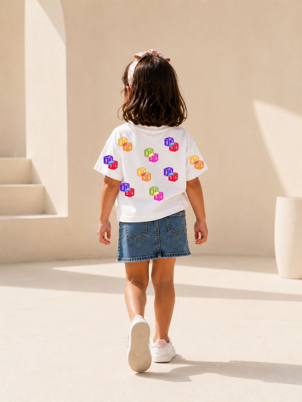 Girls' white oversized drop-shoulder t-shirt with Dice print, view 2 | FLCN
