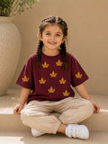 Girls Oversized T-Shirt – Golden Leaf – Maroon