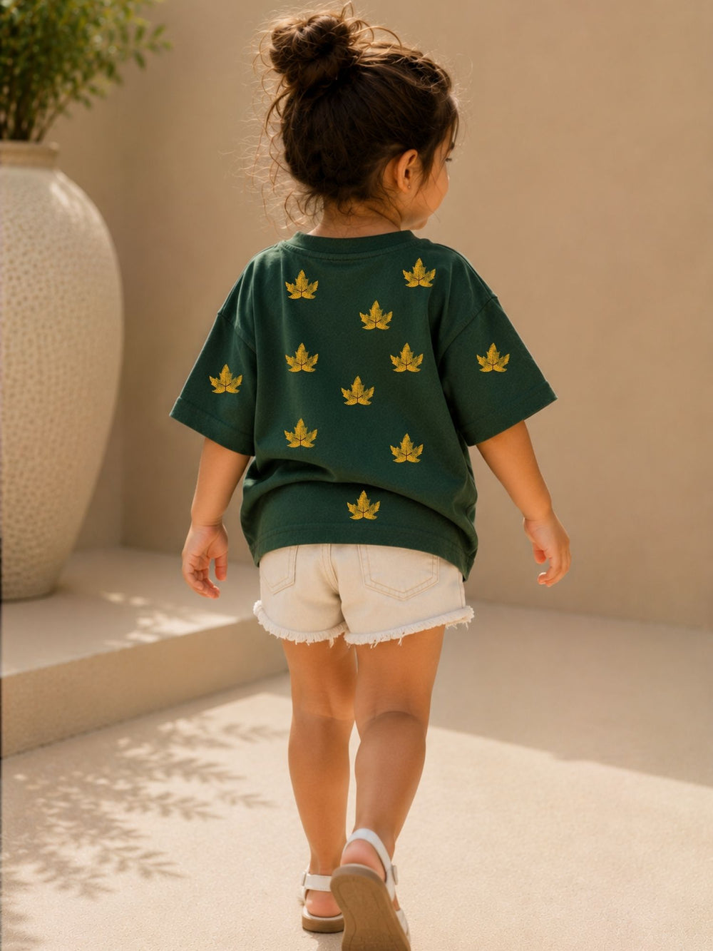 Girls' green oversized drop-shoulder t-shirt with Golden Leaf print, view 2 | FLCN