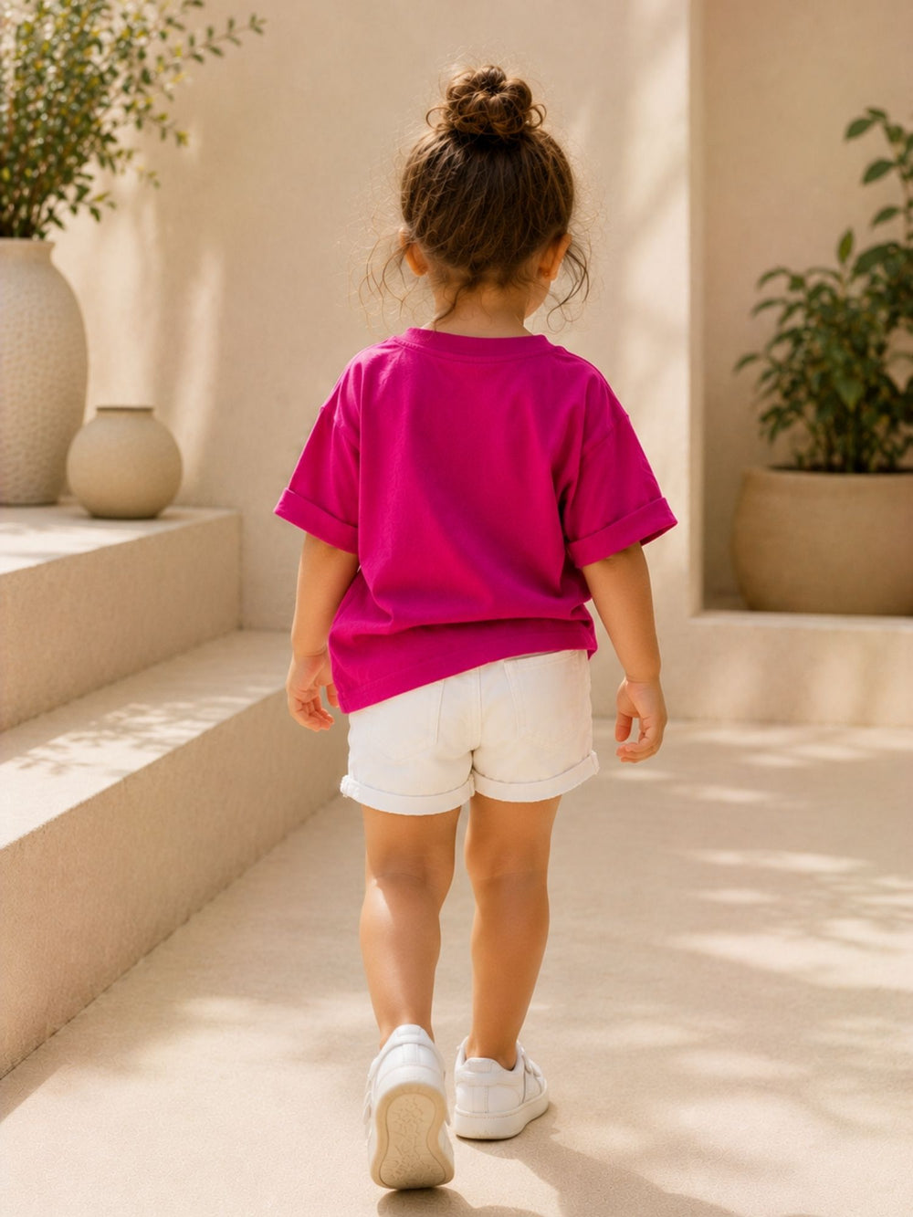 Girls' magenta pink oversized drop-shoulder t-shirt with Main Character print, view 2 | FLCN