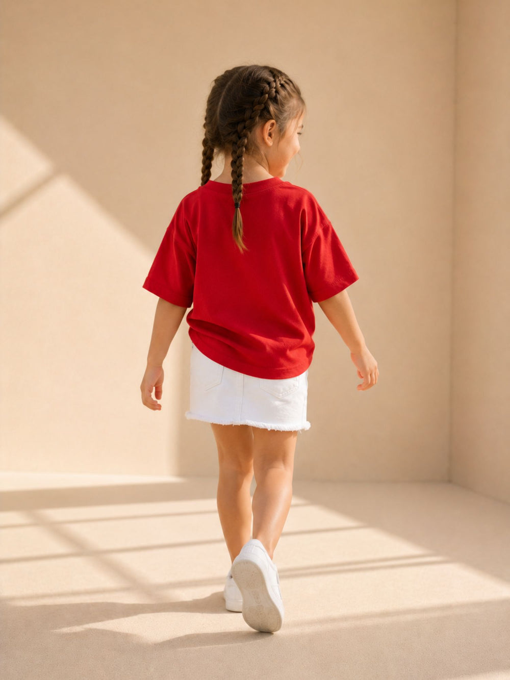 Girls' red & white oversized drop-shoulder t-shirt with contrast pocket, view 2 | FLCN