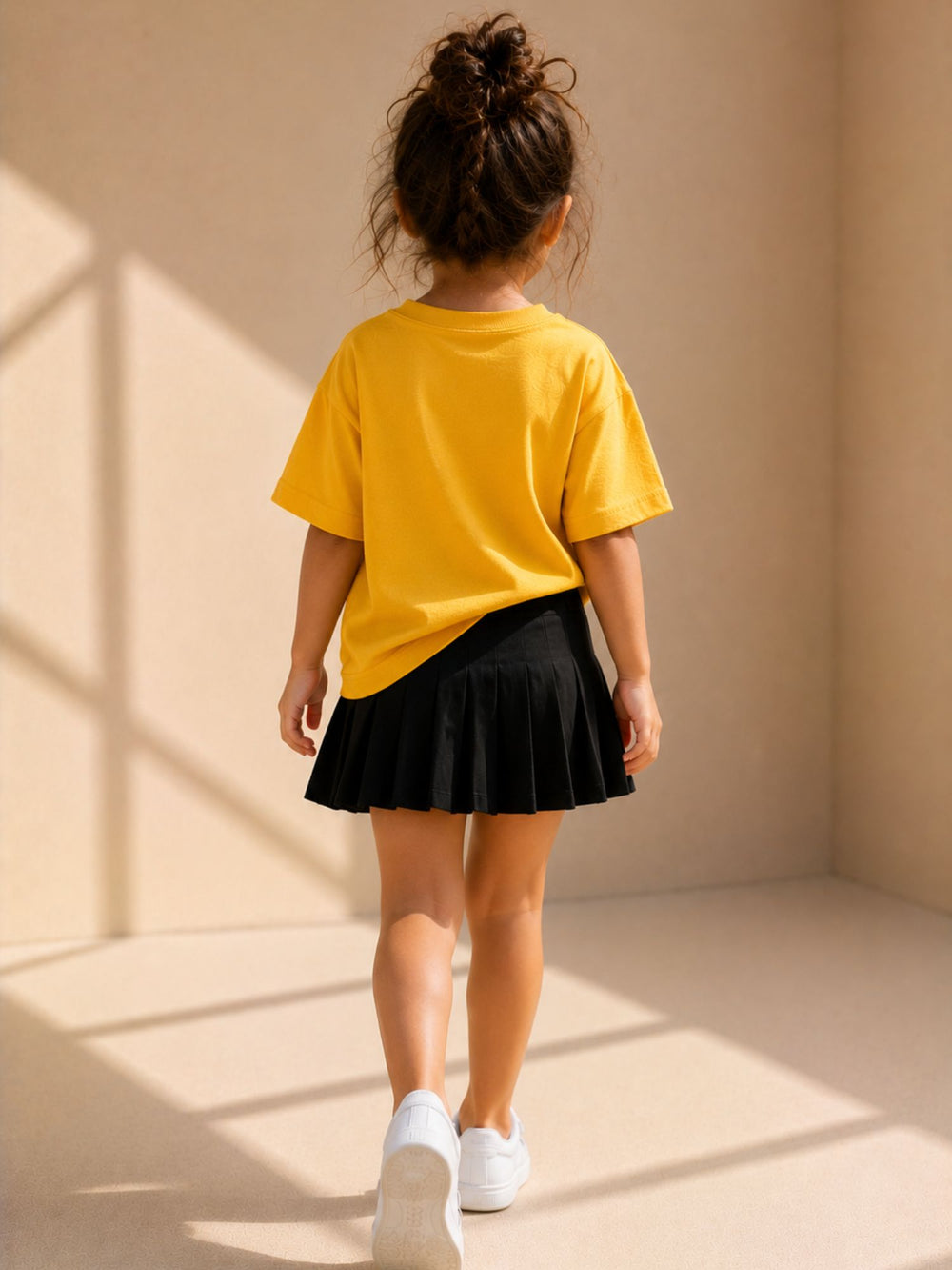 Girls' yellow & black oversized drop-shoulder t-shirt with contrast pocket, view 2 | FLCN