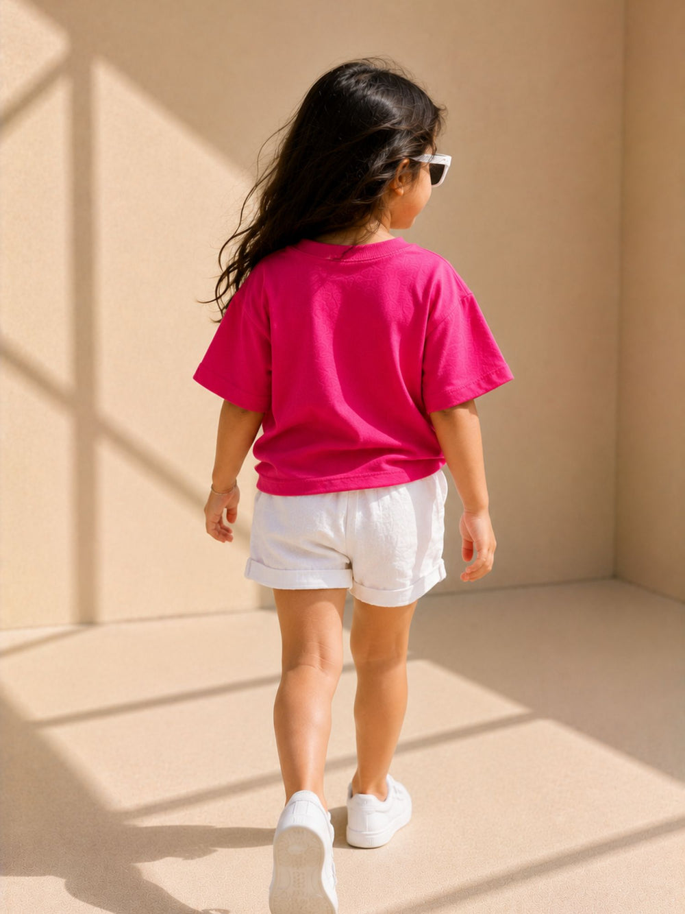 Girls' magenta pink & yellow oversized drop-shoulder t-shirt with contrast pocket, view 2 | FLCN