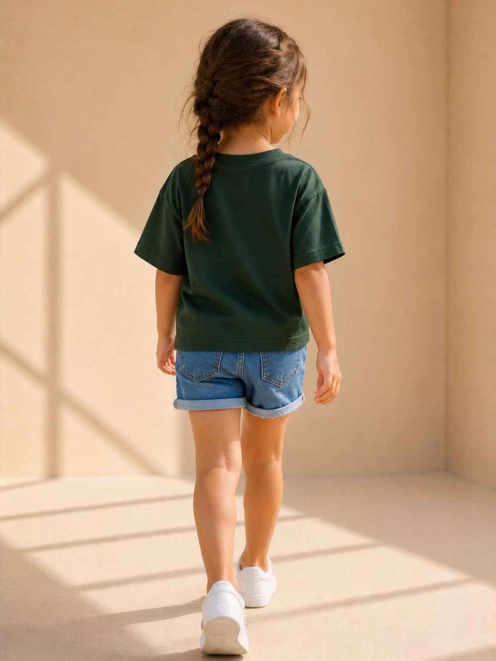 Girls' green & navy blue oversized drop-shoulder t-shirt with contrast pocket, view 2 | FLCN