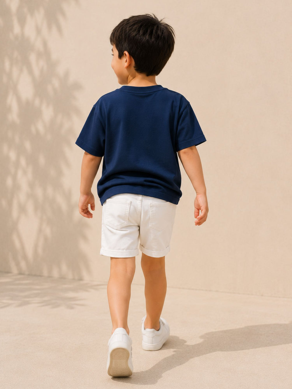 Boys' navy blue & white oversized drop-shoulder t-shirt with contrast pocket, view 2 | FLCN