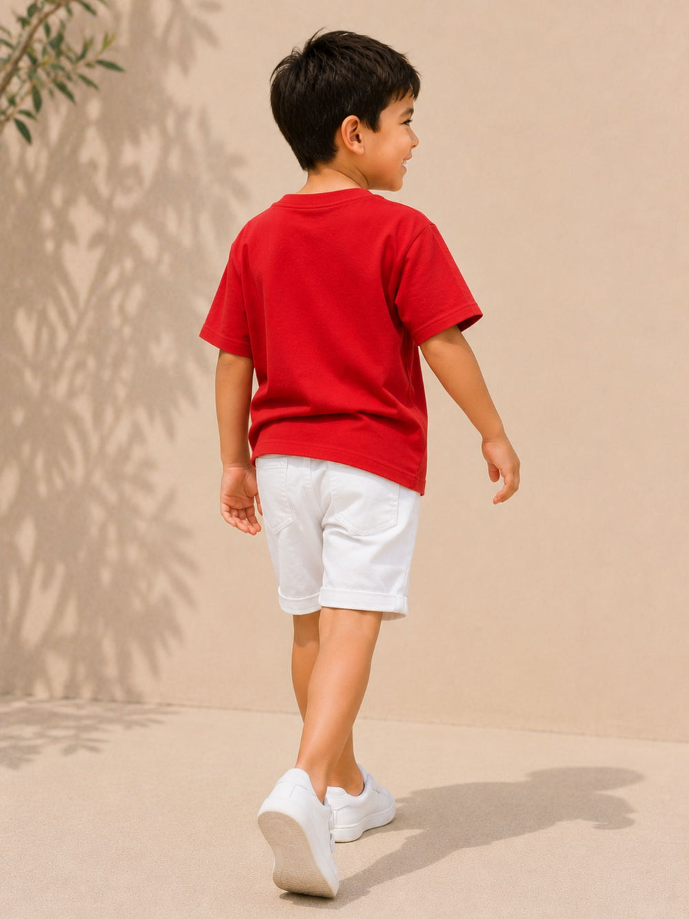 Boys' red & white oversized drop-shoulder t-shirt with contrast pocket, view 2 | FLCN