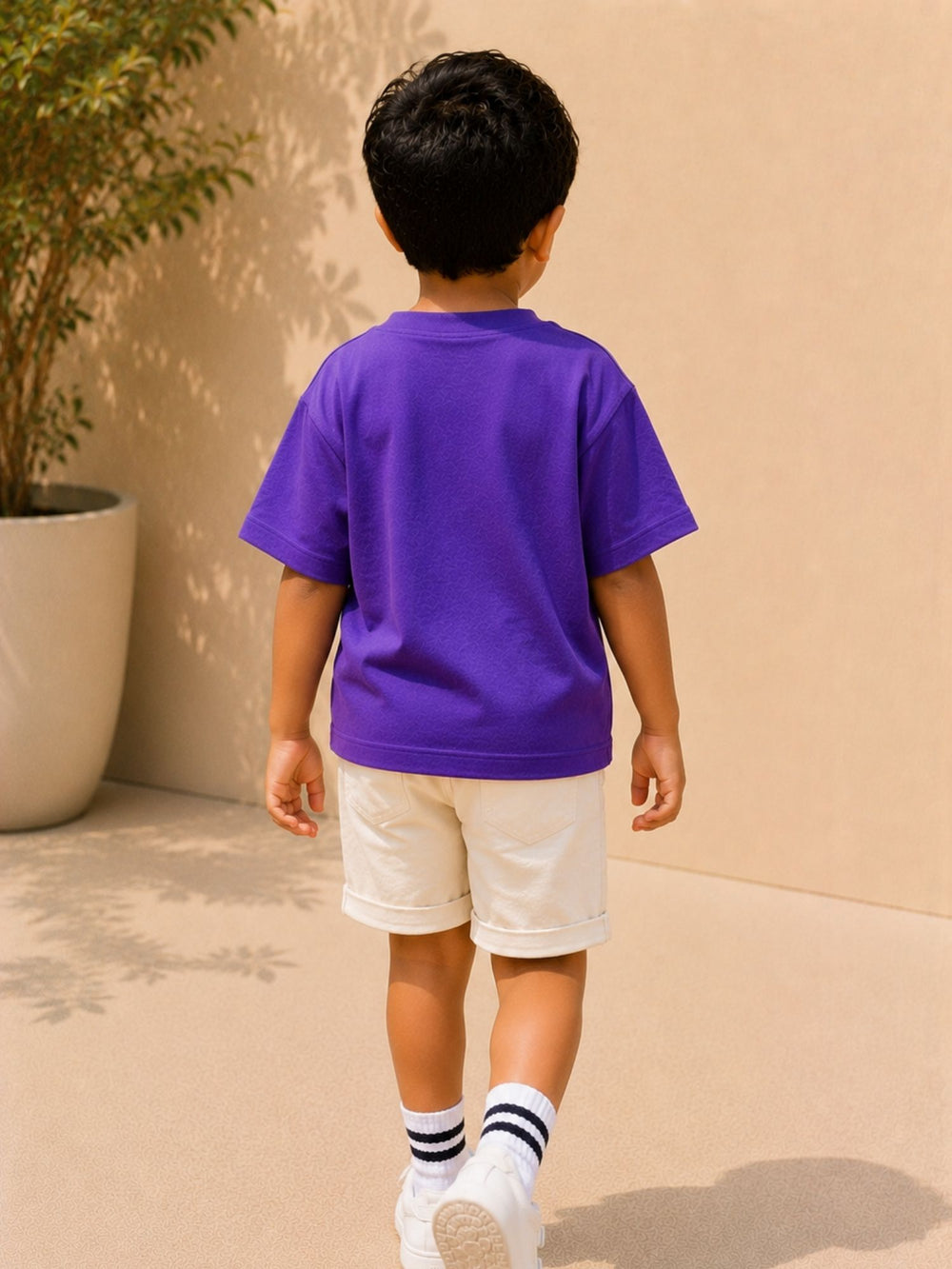 Boys' purple & green oversized drop-shoulder t-shirt with contrast pocket, view 2 | FLCN