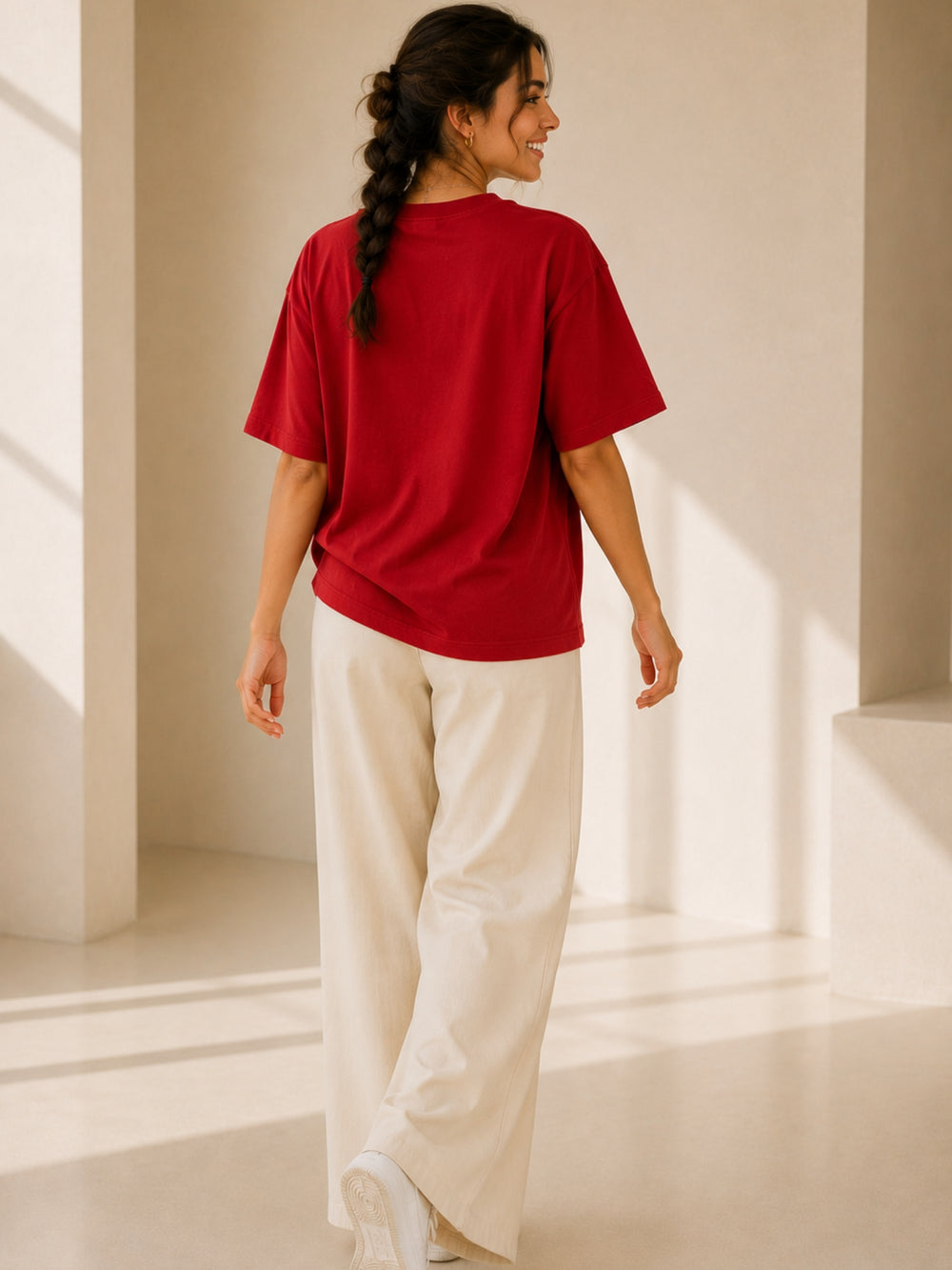 Women's red & white oversized drop-shoulder t-shirt with contrast pocket, view 2 | FLCN