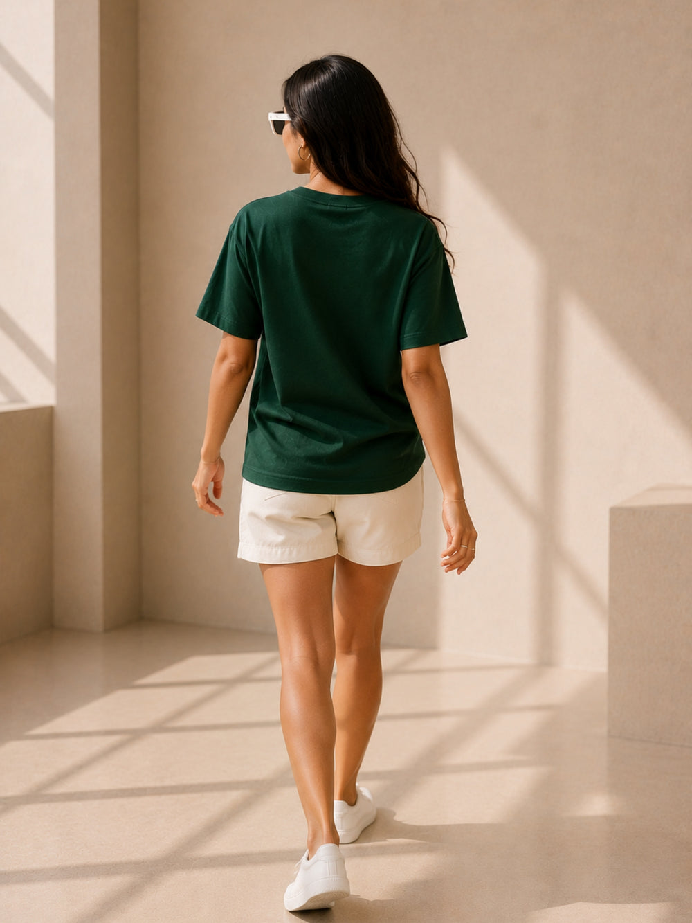 Women's green & navy blue oversized drop-shoulder t-shirt with contrast pocket, view 2 | FLCN