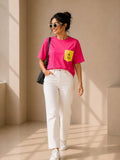 Women Oversized T-Shirt – Magenta Pink & Yellow Pocket