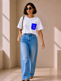 Women Oversized T-Shirt – White & Royal Blue Pocket