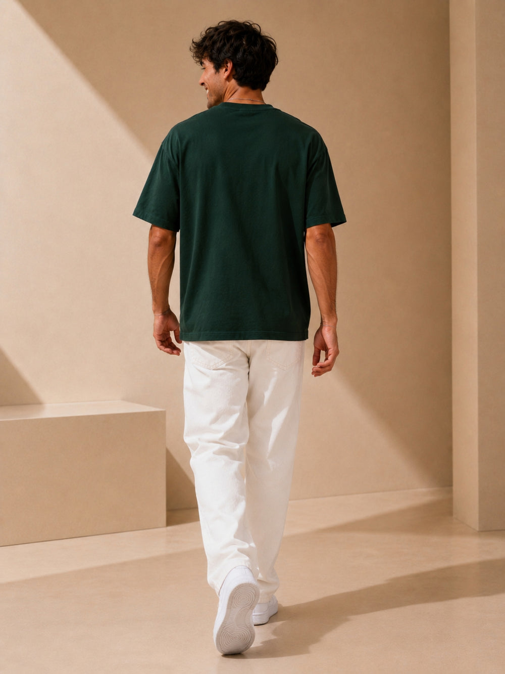 Men's green & navy blue oversized drop-shoulder t-shirt with contrast pocket, view 2 | FLCN