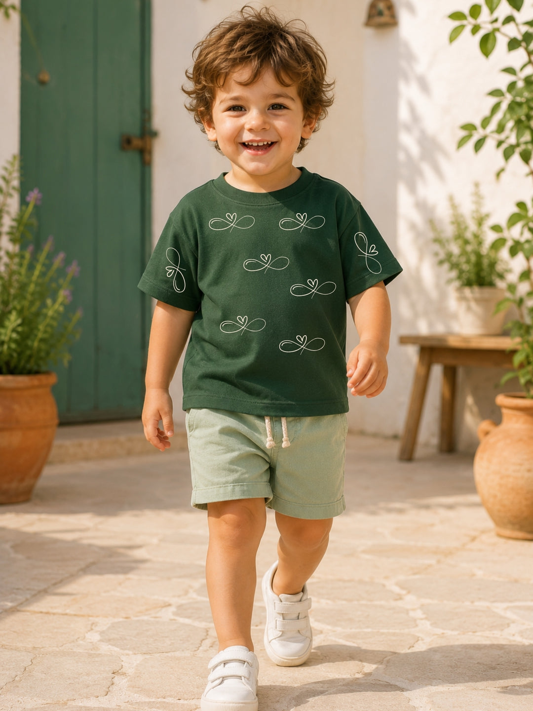 Boys' green oversized drop-shoulder t-shirt with Infinity Heart print | FLCN