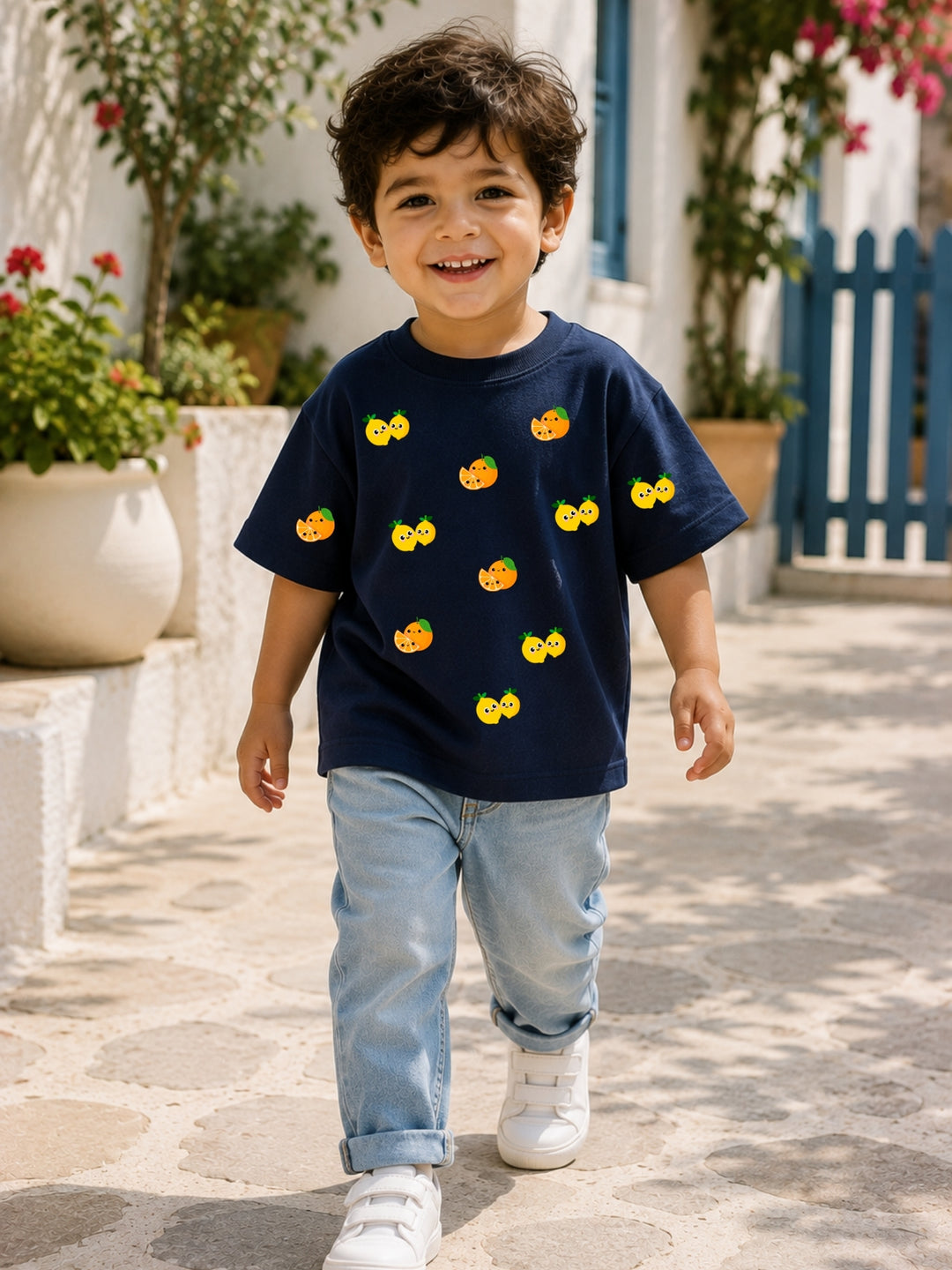 Boys' navy blue oversized drop-shoulder t-shirt with Lemons and Oranges print | FLCN