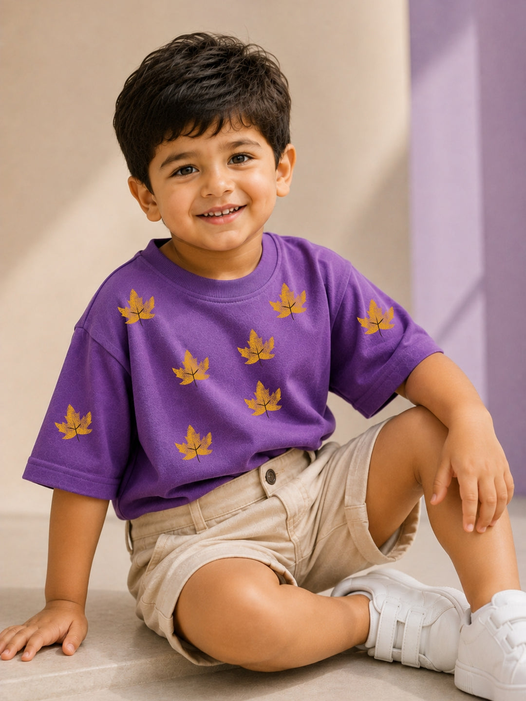 Boys' purple oversized drop-shoulder t-shirt with Golden Leaf print | FLCN