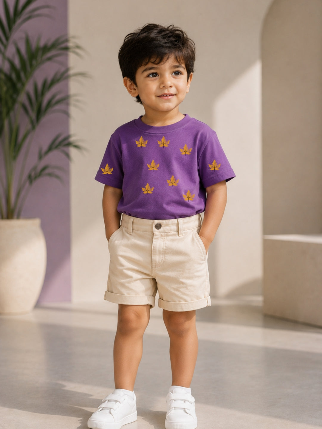 Boys Oversized T-Shirt – Golden Leaf – Purple
