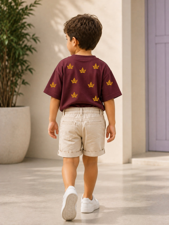 Boys Oversized T-Shirt – Golden Leaf – Maroon