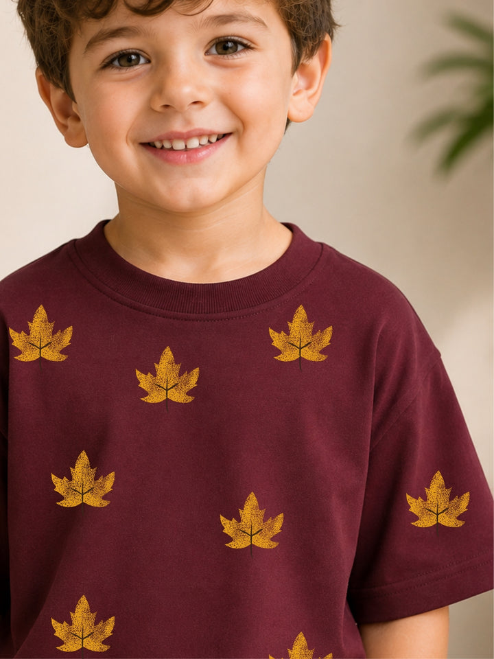 Boys Oversized T-Shirt – Golden Leaf – Maroon