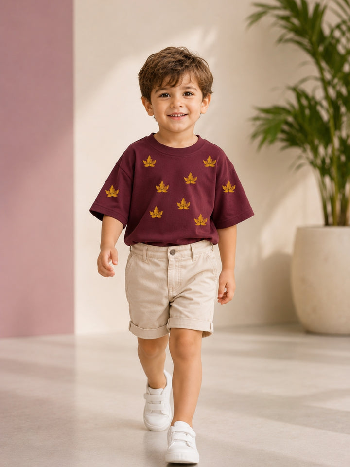 Boys Oversized T-Shirt – Golden Leaf – Maroon