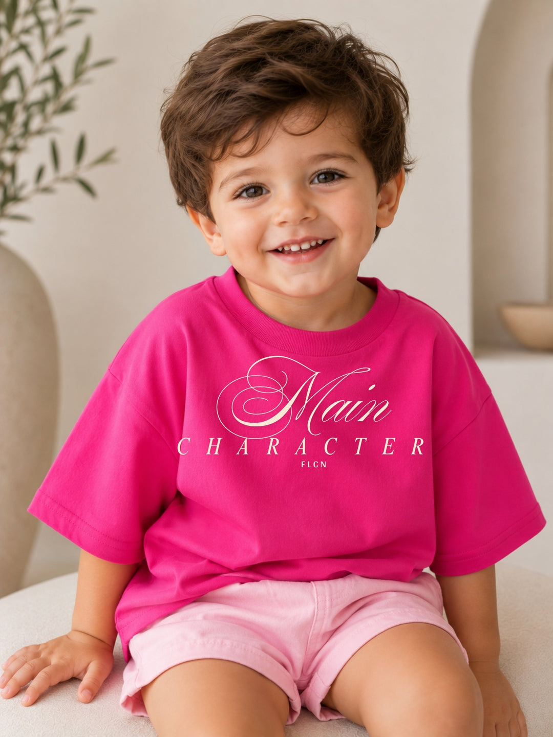 Boys' magenta pink oversized drop-shoulder t-shirt with Main Character print | FLCN