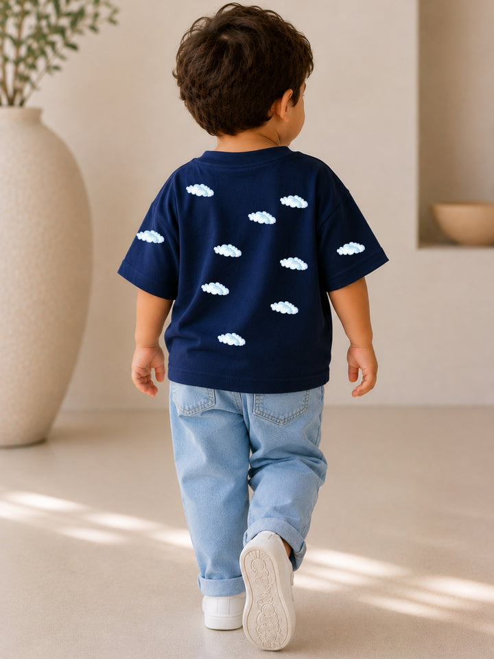 Boys Oversized T-Shirt – Clouds – Navy Blue