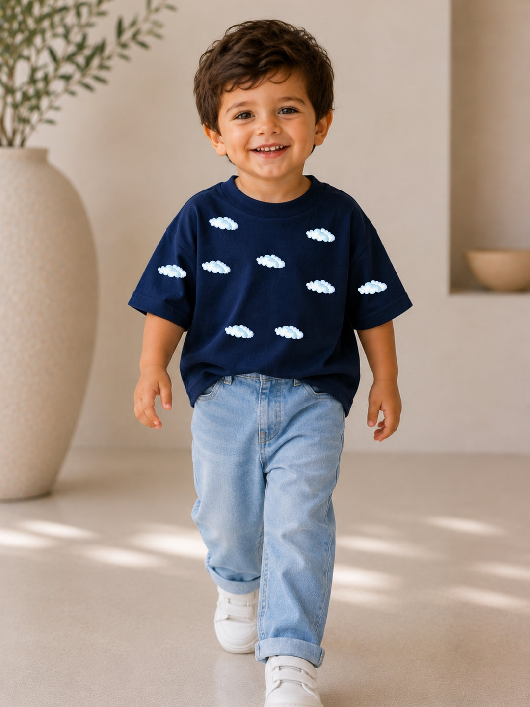 Boys Oversized T-Shirt – Clouds – Navy Blue