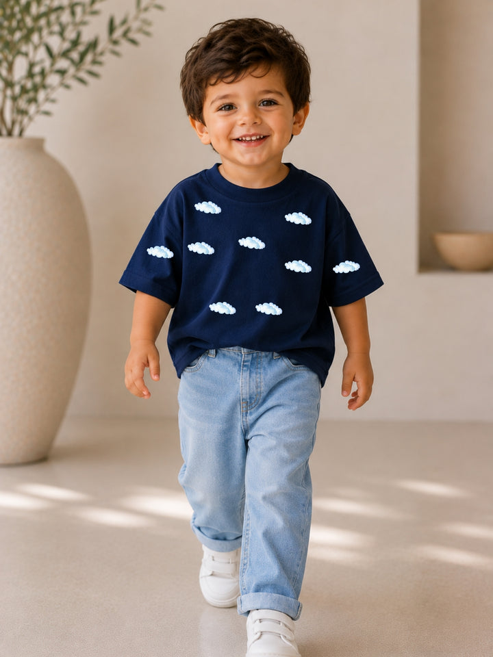Boys Oversized T-Shirt – Clouds – Navy Blue