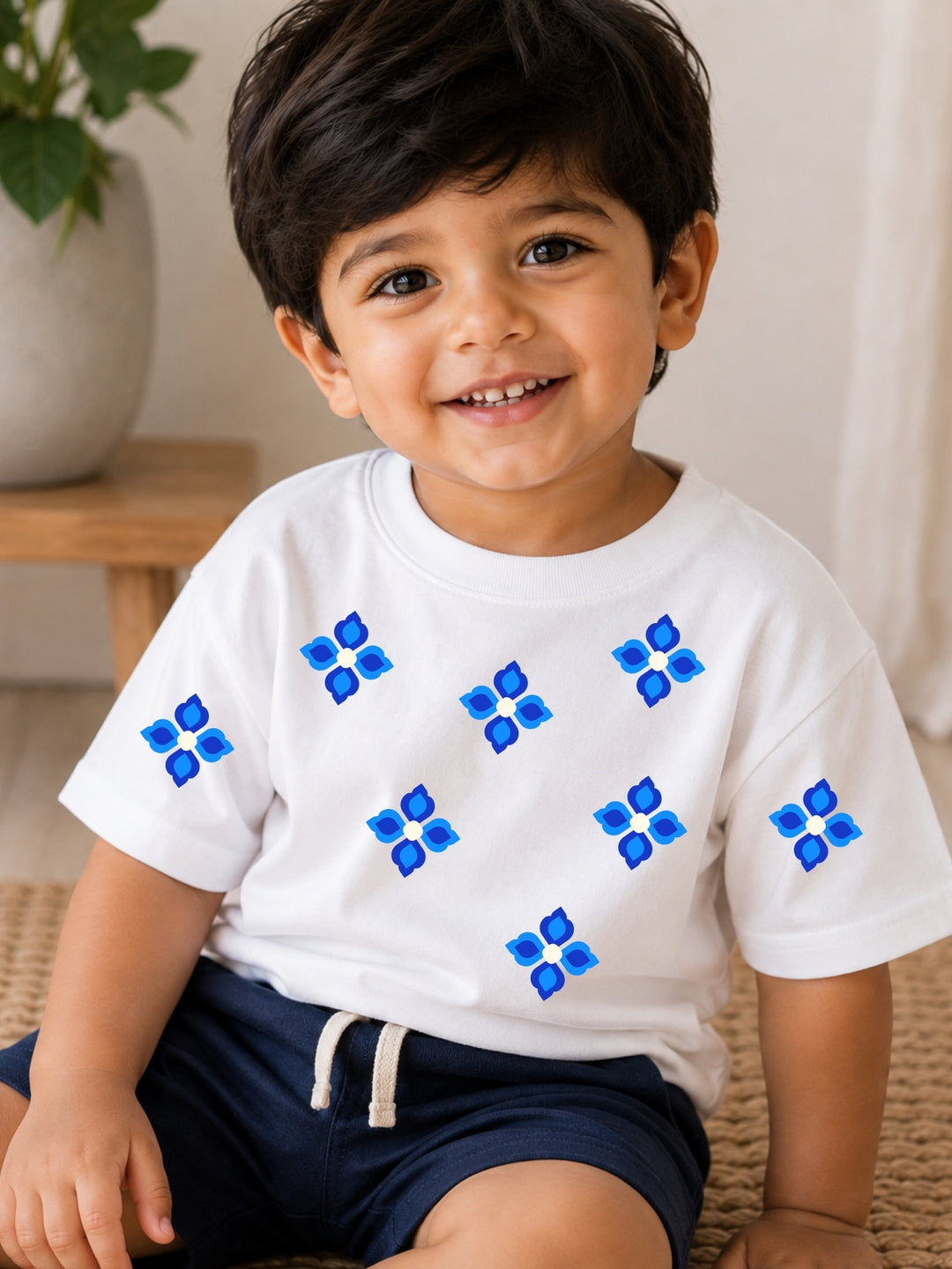 Boys' white oversized drop-shoulder t-shirt with Ethnic One print | FLCN