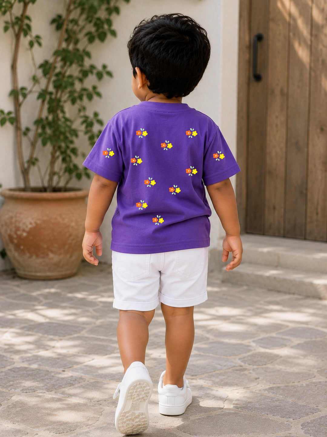Boys Oversized T-Shirt – Orange Yellow Flowers – Purple