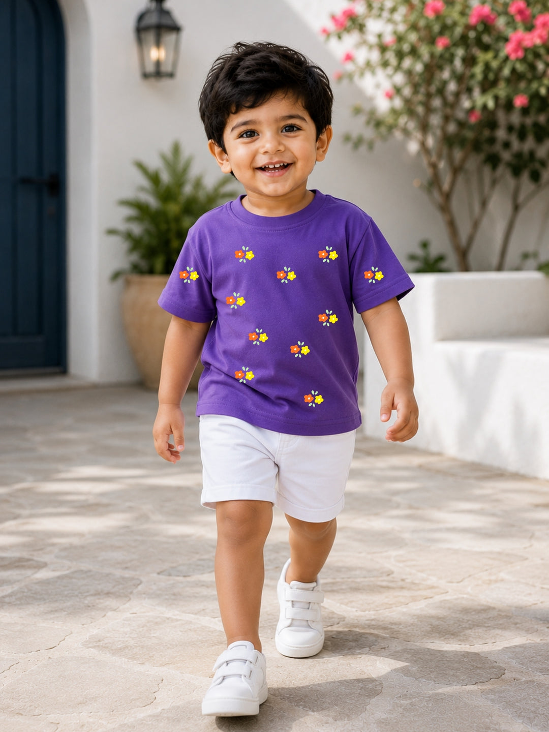 Boys Oversized T-Shirt – Orange Yellow Flowers – Purple