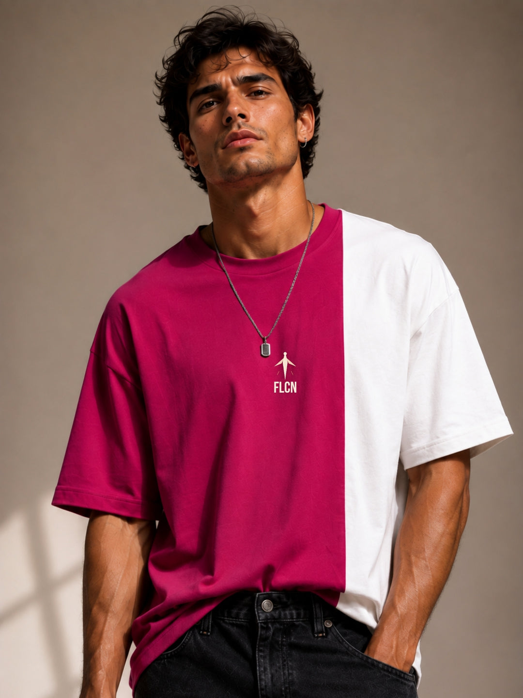 Men Oversized T-Shirt – Magenta Pink &amp; White