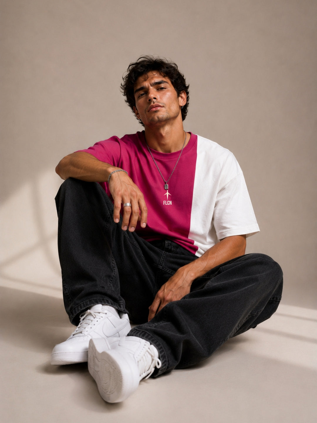 Men Oversized T-Shirt – Magenta Pink &amp; White