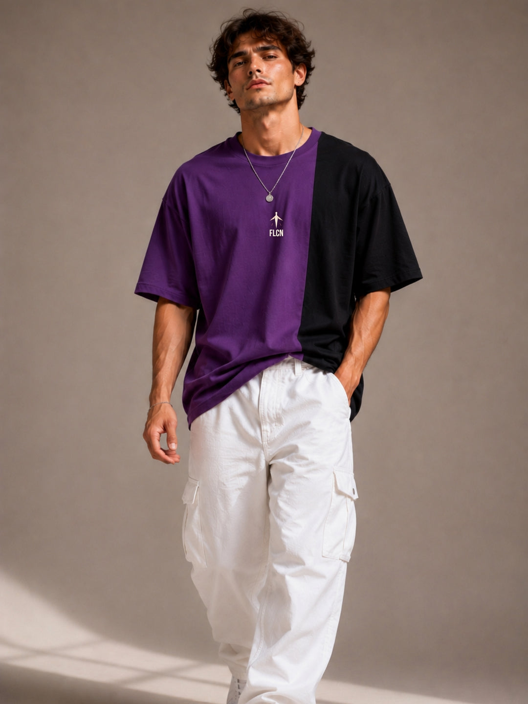 Men's purple & black colour block oversized drop-shoulder t-shirt | FLCN