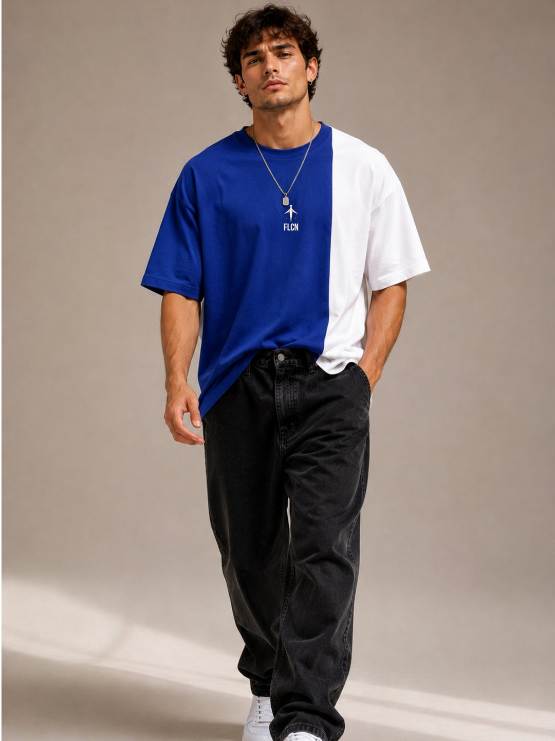Men's royal blue & white colour block oversized drop-shoulder t-shirt | FLCN