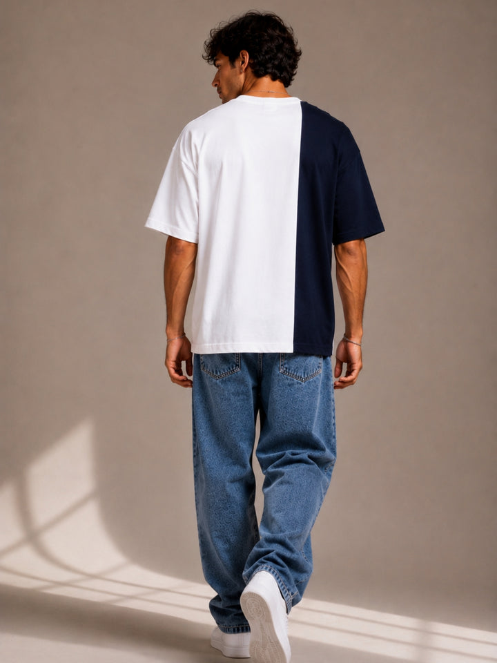 Men Oversized T-Shirt – White &amp; Navy Blue