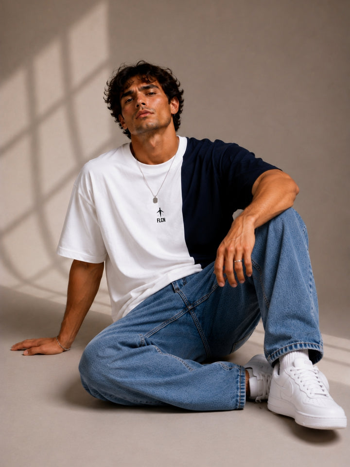 Men Oversized T-Shirt – White &amp; Navy Blue
